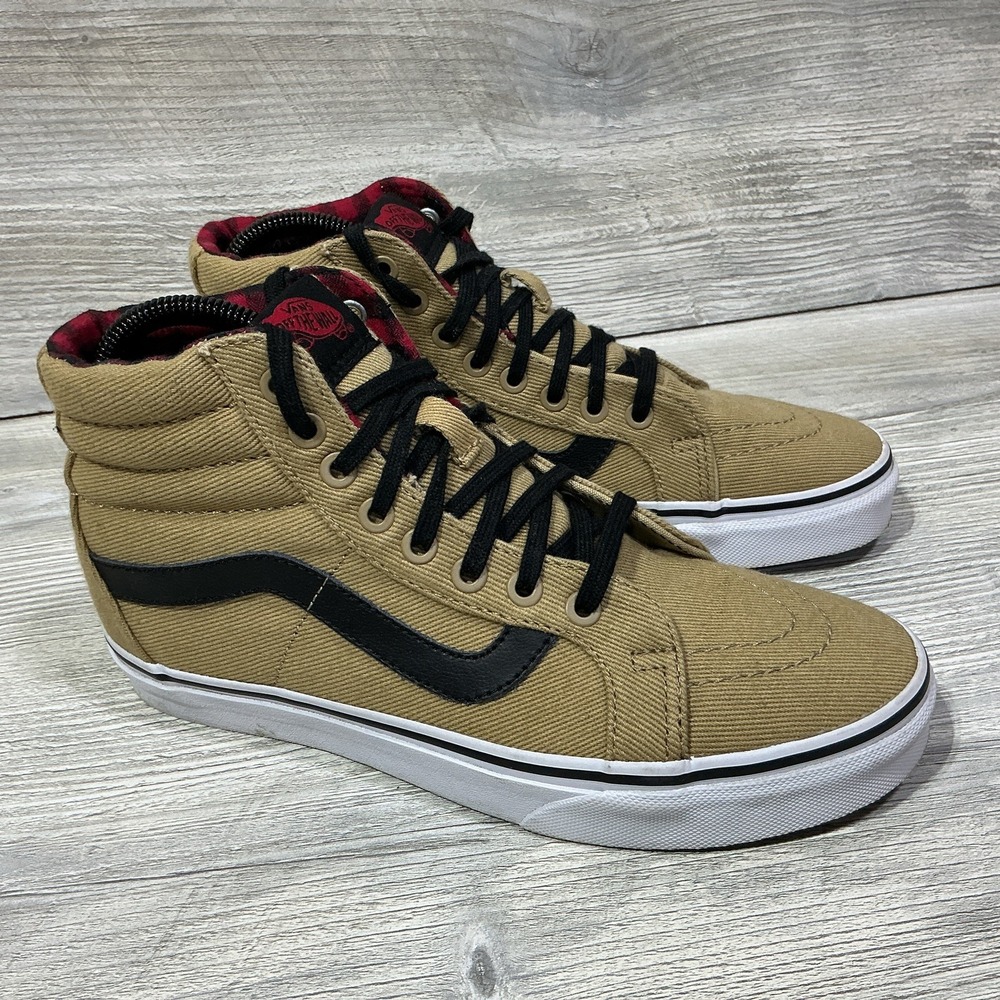 Vans Off The Wall Sk8 Hi Khaki Red Plaid Black Deck Grip Sneaker Beige M6.5 W8